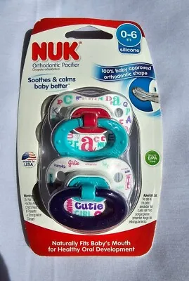 NUK Orthodontic Pacifier Set Of 2 Natural Shape 0-6 Months Blue Girl Alphabet • $9.99