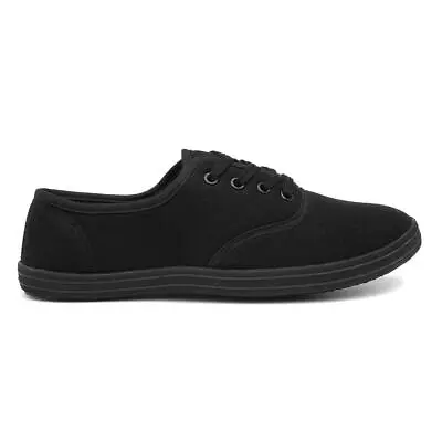 Womens Canvas Black Adults Ladies Lace Up Flats Summer Shoes Pumps Casuals SIZE • £6.99