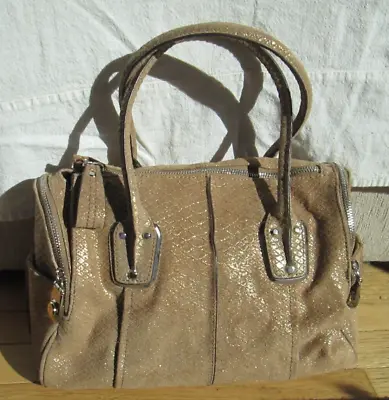 B.  Makowsky  Suede Leather Zip Top Satchel Bag Sparkle Champaign Snake 9  X 14  • $45