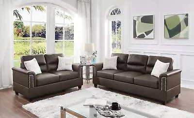 Espresso Bonded Leather 2pc Sofa Set Sofa And Loveseat Living Room Furniture • $1384.29