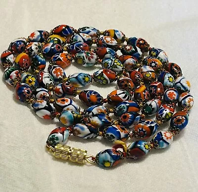 Vintage Murano Venetian Millefiori Colorful Glass Bead Necklace 29” • $21.50