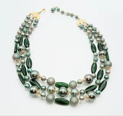 Vintage Multi Strand Green Triple Pearl & Glass Necklace JAPAN • $19