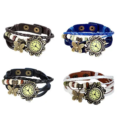 Women's Girls Vintage Butterfly Braided Leather Bracelet Band Quartz Wrist Watch • $8.54