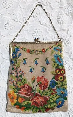 $85 • Buy Antique Colorful Rose + Blue Bell 1920’s Glass Beaded Purse
