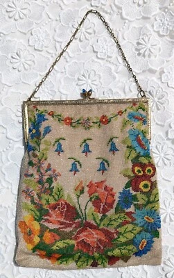 $85 • Buy Antique Colorful Rose + Blue Bell 1920’s Glass Beaded Purse