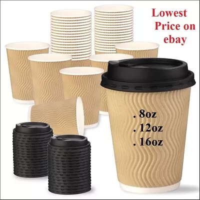 8oz 12oz 16oz Disposable Coffee Cups With Lids Insulated Paper Ripple Wall Cup • £8.49