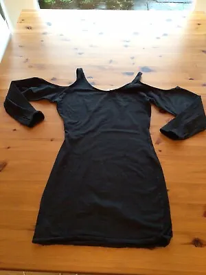 Misfit Size 8-10 Black Stretch Cotton Mini Dress Cold Shoulder Fitted  • $6.85