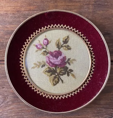 Vintage NEEDLEPOINT Floral Rose Gold Tone  Round Frame Domed Glass Wall Art 6”D • $24