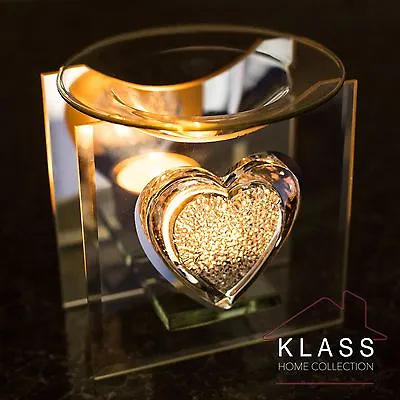 Glass Sparkle Heart Glass Oil Burner Tart Warmer Tea Light Candle Holder Gift • £10.49