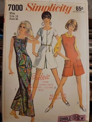 *Simplicity 7000 Vintage 60s Uncut Jumpsuit Sewing Pattern Size 16 Simple To Sew • $11.60