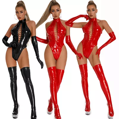 Women Wetlook Leather Catsuit Bodysuit Zipper Lace Up Jumpsuit Clubwear Romper • £10.79