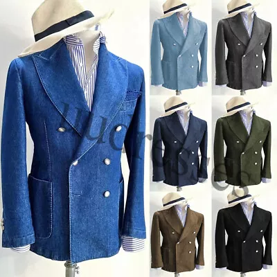 Denim Men's Suits Double Breasted Formal Blazer Wedding Wide Peak Lapel Tuxedos • $56.95