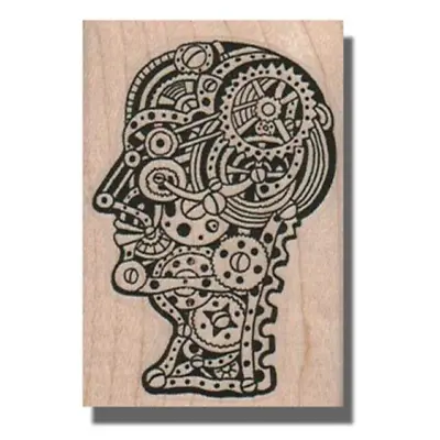 Wood Rubber Stamp STEAMPUNK HEAD Stamp Skull Skeleton Gear Man Wheel Face • $9.74