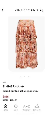 Zimmermann Kaleidoscope Tiered Printed Midi Skirt Size 1 • $220