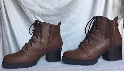 Y2K MIA Chunky Heel Ankle Boots Brown Lace Up Zip Chelsea Bootie Womens 6 1/2 M • $16