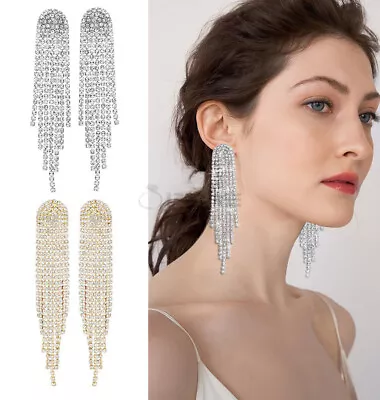 Elegant Sparkly Rhinestone Long Chandelier Tassel Bridal Dangle Earrings Jewelry • £4.99