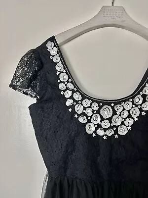 MISS SELFRIDGE Black Lace Embellished Sequin Beaded Flower Dress Size UK 12 • £6.99