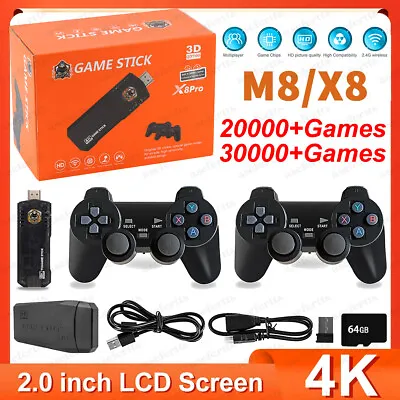 Wireless HDMI 4K TV Game Stick Console Built In 64GB 30000 Retro Games 2 Gamepad • £28.99