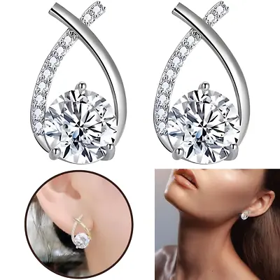 925 Sterling Silver Crystal Tear-Shape Stud Earrings Womens Girls Jewellery Gift • £2.98