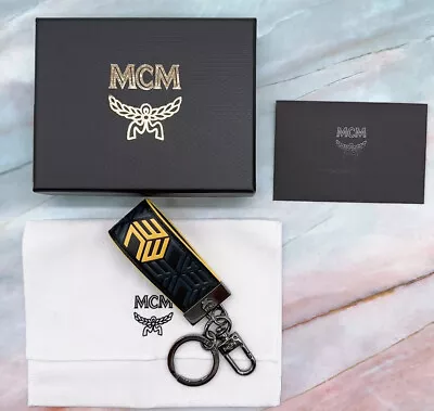 MCM Black Yellow CUBIC LOGO Embossed Leather Key Chain NWT • $89