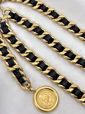 CHANEL Chanel Vintage Leather Chain Two Belt Coin Coco Logo Gold Plate 95A • $1260.50