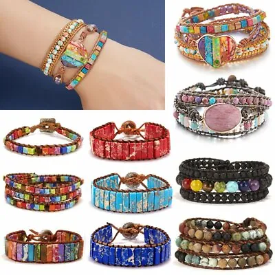 Natural Stone Healing Chakra Multi-layer Bracelet Bangle Leather Women Jewelry • £7.76