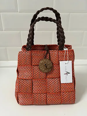 ALMA TONUTTI Orange Woven Raffia CARLOTTA Brown Plait Handles Small Grab Bag £75 • £35