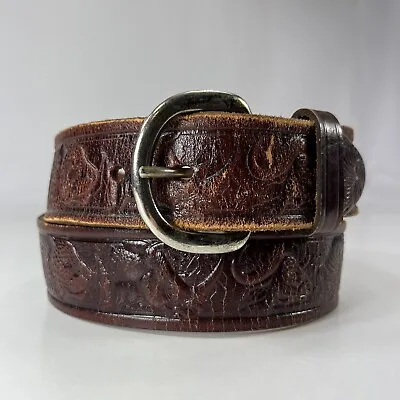 Vintage African Animals & Tribesman Embossed Brown Leather Belt - Women Size 34 • $24.50