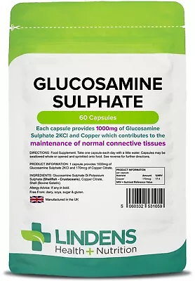 £6.79 • Buy Glucosamine Sulphate 1000mg Capsules (60 Pack) [Lindens 1059]