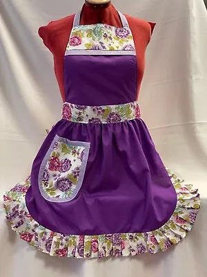 RETRO VINTAGE 50s STYLE FULL APRON / PINNY - PURPLE WITH LILAC & FLORAL TRIM • £25.99