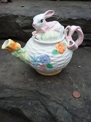 Easter Teapot With Bunny Easter Eggs And Flowers 4 Cup Ceramic Easter Teapot  • $15