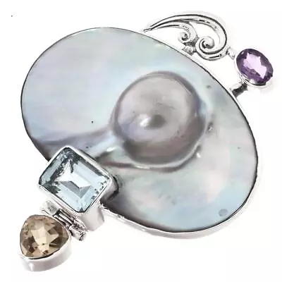 925 Silver Mabe Blister Pearl Amethyst Blue Topaz Citrine Sterling Pendant 2  • $59.95