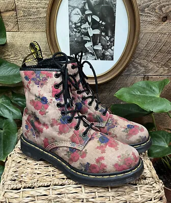 $100 • Buy Dr. Martens Castel 9 Floral Boots Taupe Blue Red Tall Lace Up Cottage Combat Tan
