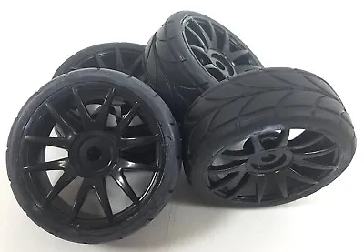 82829 1/16 Scale RC Nitro Car Wheels And Tyres Complete X4 Black Plastic For HSP • £28.31
