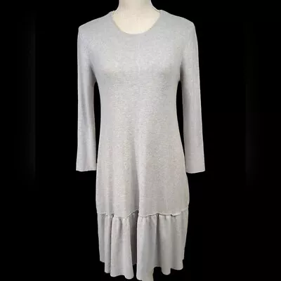 Zara Dress Womens Medium Gray Knit Peplum 3/4 Sleeve Drop Waist Ruffle Hem Mini* • $21.98