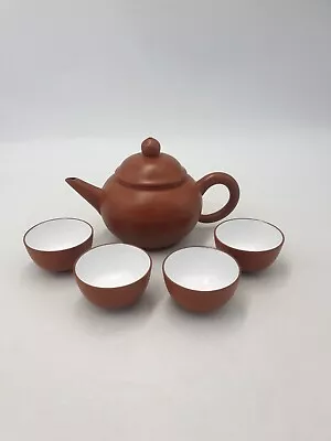 Chinese Yixing Pottery Red Brown Clay Lidded Teapot 4 Tea Cups Stamped 5pc Set • £34.99