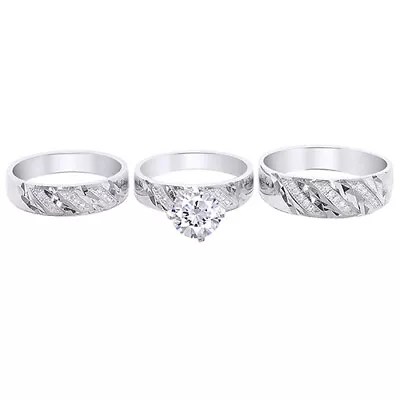 His And Her Matching Wedding Band Trio Ring Set Simulated Diamond 925 Sterling • $210.75