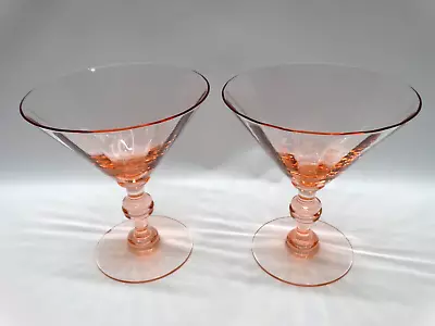 Set Of 2 Vintage Optic Pink Depression Glass Martini Glasses Knob Stem • $28
