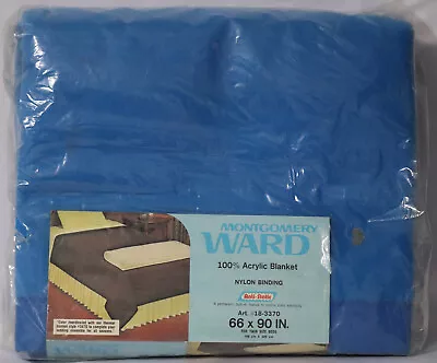 Vtg Montgomery Ward Bright Blue Acrylic Blanket 66 X 90 Nylon Edge Anti-Static • $84.99