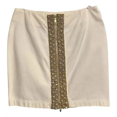 Vintage Celine White Zip Skirt Size 8 FR 38 Beaded Mini Denim S/S 2004 • $239.95