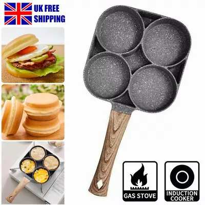 Non Stick 4 Holes Egg Fry Pan Pancake Maker Egg Burger Pan With Wooden Handle • £9.49