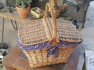 £73.58 • Buy Vintage Handwoven Wicker Picnic Cat Carrier Basket Hinged Double Lids Lined 19 