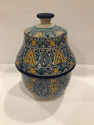 £503.92 • Buy Moroccan? Hand Made Table Vase Signed 2 Pieces Blue Yellow Teal 8” Tall See Pics
