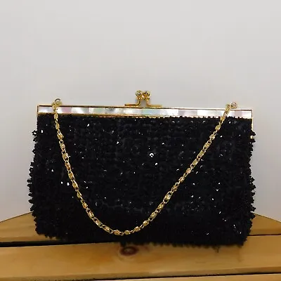 Vintage 1950s Black Sequins Beaded Purse Evening Hand Bag Hand Made In Hong Kong • $18.88