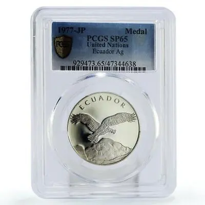 Ecuador United Nations UN Eagle Falcon Bird Fauna SP65 PCGS Silver Medal 1977 • $159.55