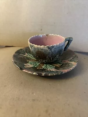 Antique Etruscan Majolica Shell And Seaweed Cup & Saucer ~ Old Authentic Mark • $50