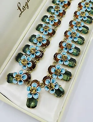 Vintage J. Crew Signed Rhinestone & Enamel Necklace Flower Design • $122