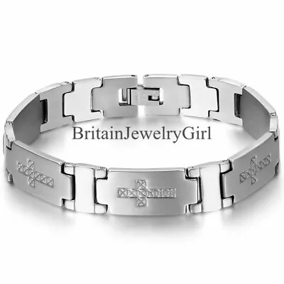 12MM Punk Men's Silver Tone Stainless Steel Cross Bracelet Link Bangle 8.3  • $10.99