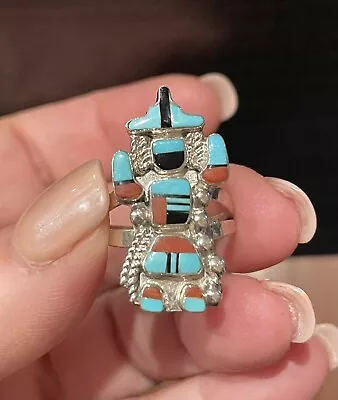 Vtg Native American Zuni Sterling Silver Turquoise Coral Onyx Yei Mark S.J. Ring • $85