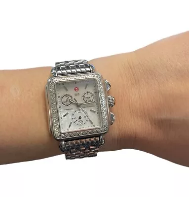 Michele Deco Diamond Chronograph Ladies 33mm Quartz Watch 71-6000 • $849.95